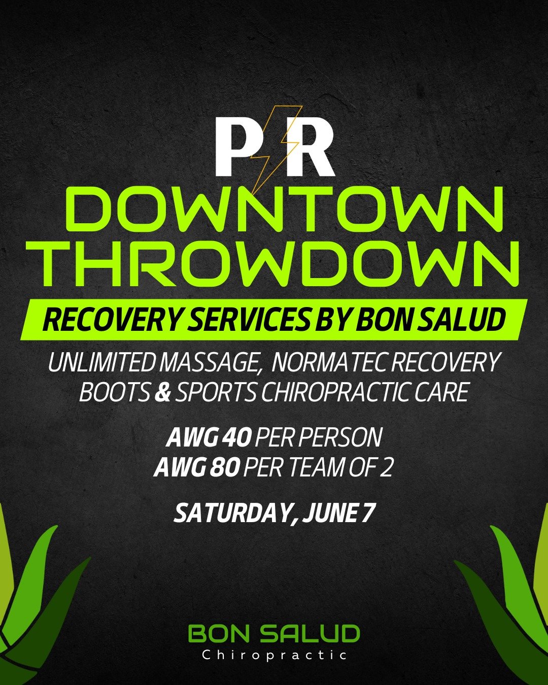 It's that time of the year again⚡️🏋️&zwj;♀️ #DowntownThrowdown by @powerandresilience is back on Saturday, June 7th! The Bon Salud team will be present, offering recovery services to the athletes throughout the event. 

Price: AWG 40 per person | AW