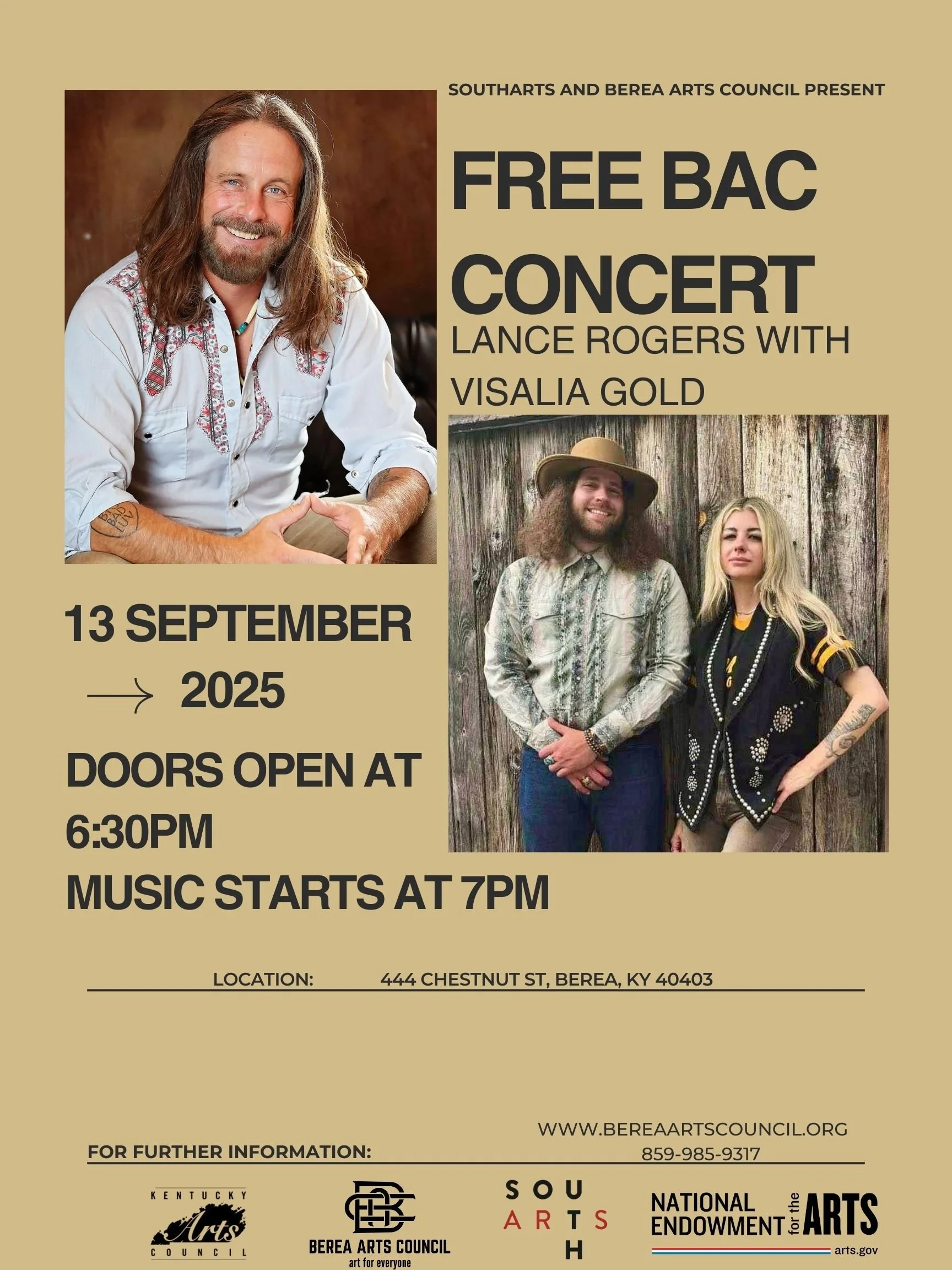 Free Concert at BAC featuring Lance Rogers and Visalia Gold