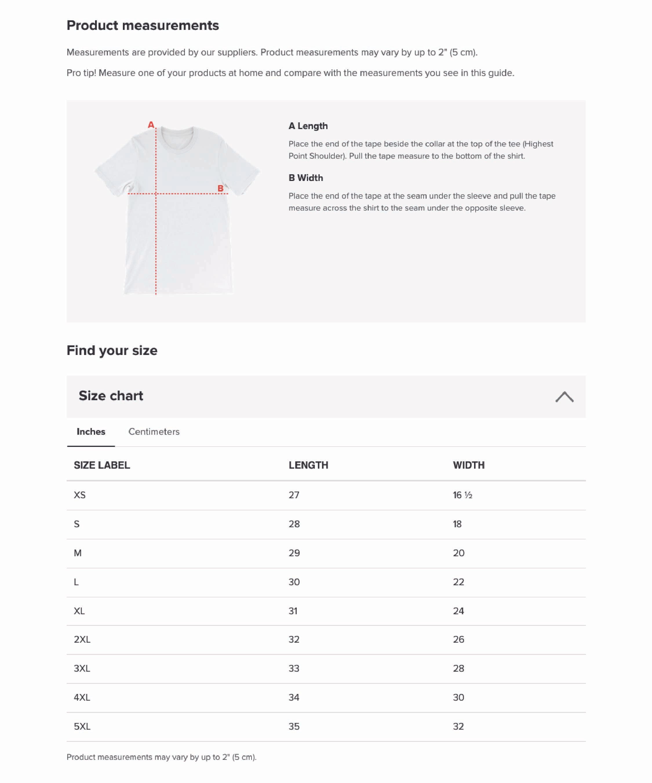 Bella Unisex Staple tshirt product inches.jpg