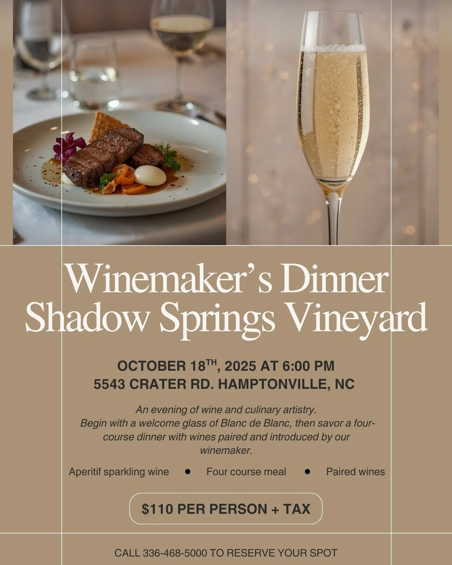 🍷✨ Winemaker&rsquo;s Dinner at Shadow Springs Vineyard ✨🍷

Join us for an unforgettable evening of wine and culinary artistry on Saturday, October 18th at 6:00 PM.

The night begins with a sparkling welcome glass of Blanc de Blanc, followed by a fo