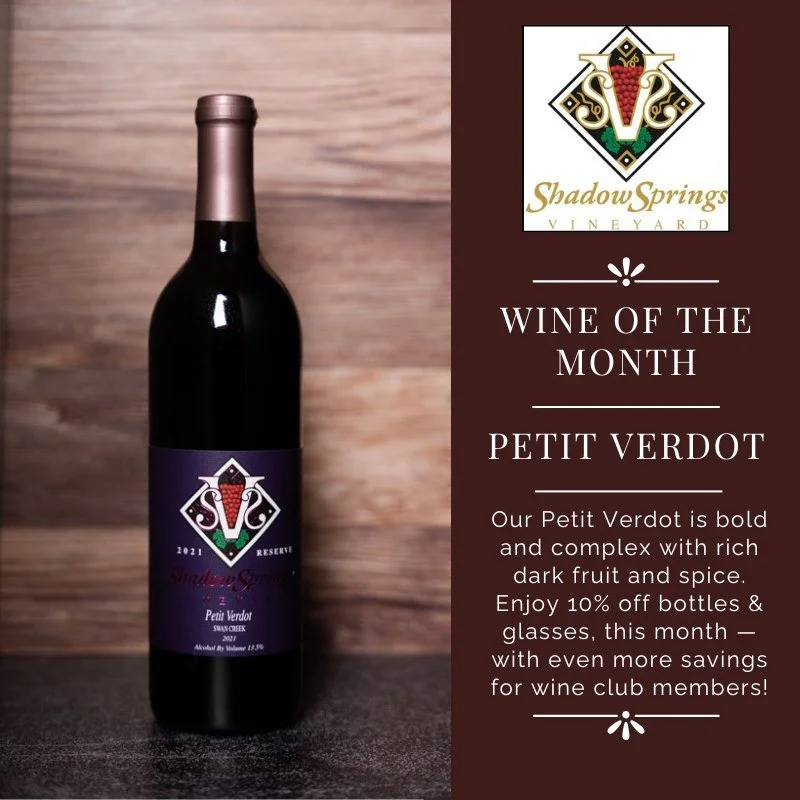 🍷 Featured Wine of the Month: Petit Verdot 🍷
Deep, bold, and full of character &mdash; Petit Verdot is known for its inky color, firm tannins, and dark fruit notes. Aged 18 months in French and American oak, our vintage brings richness, structure, 