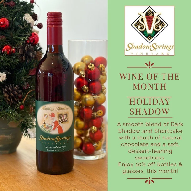 🎄 December Wine of the Month: Holiday Shadow 🎄
Our fan-favorite Holiday Shadow is back to sweeten the season! This festive blend brings together 40% Dark Shadow and 60% Shortcake, layered with natural chocolate flavor and a soft 6% residual sugar f
