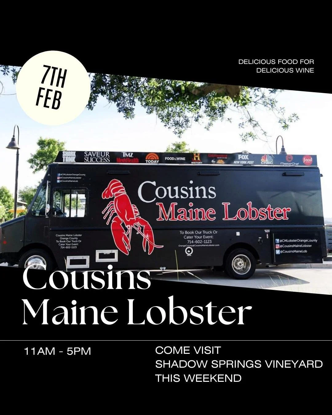 🦞 Cousins Maine Lobster at Shadow Springs Vineyard 🍷
Join us this Saturday, February 7th, for the perfect pairing. Cousins Maine Lobster will be onsite serving up their famous lobster rolls and more from 11am&ndash;5pm.
Grab a glass of wine, enjoy 
