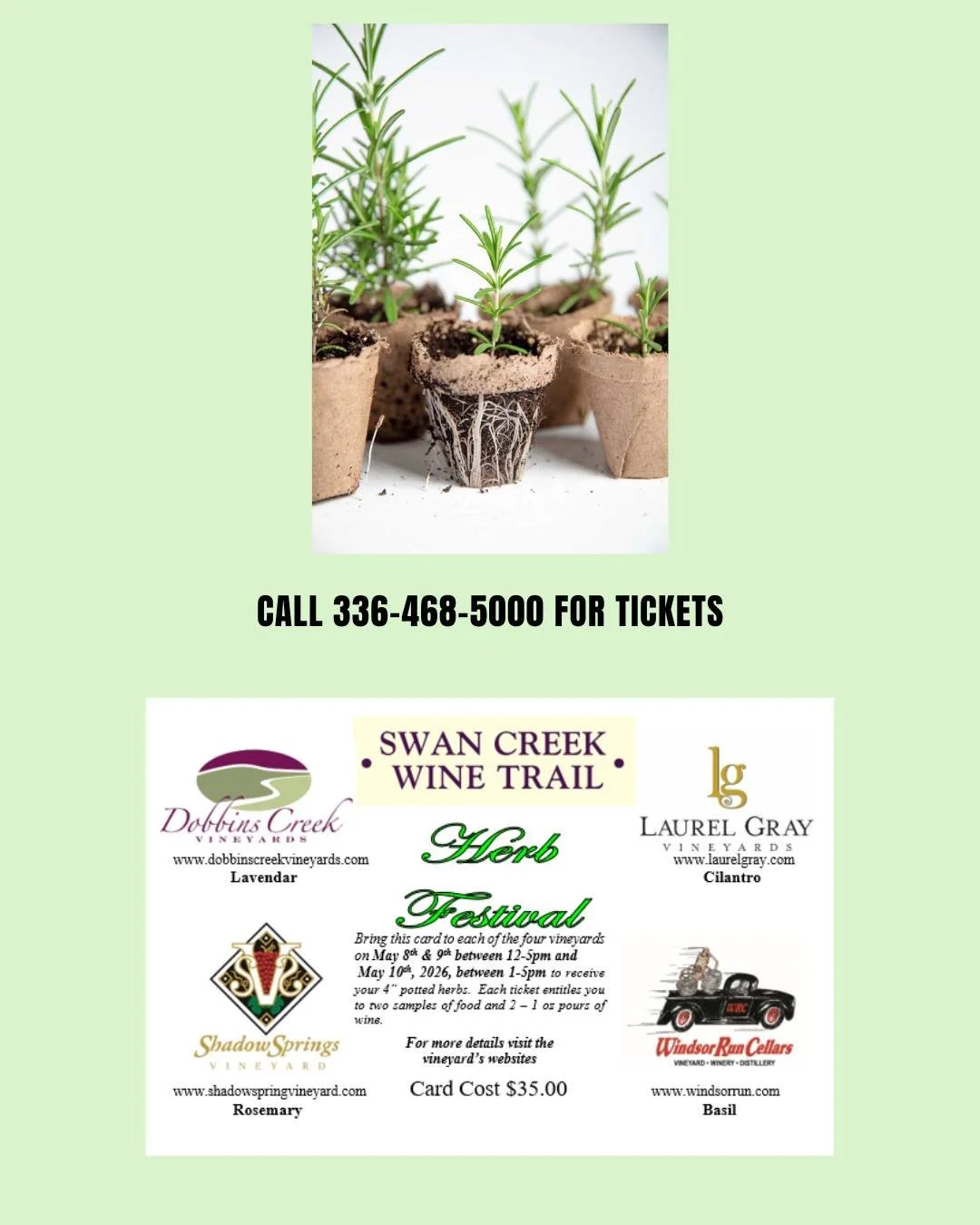 🌱 A Different Kind of Wine Weekend 🍷

The Swan Creek Herb Festival (May 8&ndash;10) is all about slowing down and enjoying the little things&mdash;good wine, fresh flavors, and time well spent.

Travel the trail and stop at four local vineyards, wh