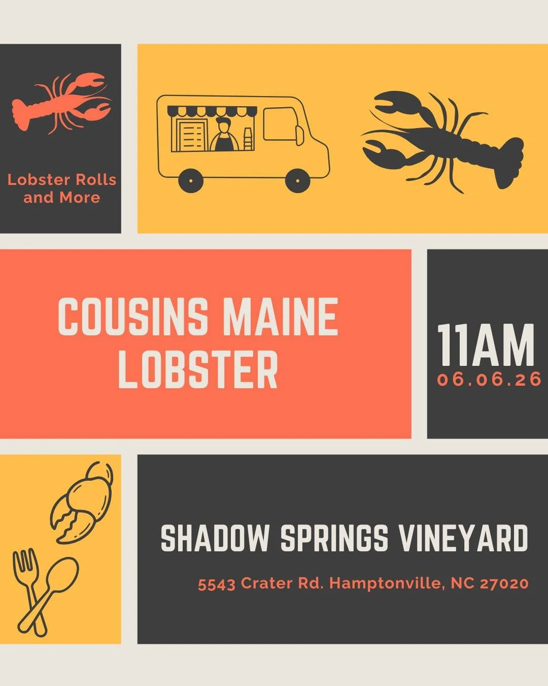 Cousins Maine Lobster is rolling into Shadow Springs Vineyard this Saturday at 11 AM!

Fresh lobster rolls, delicious sides, and a glass of your favorite Shadow Springs wine make for a pretty good weekend plan. Grab your friends, find a spot on the p