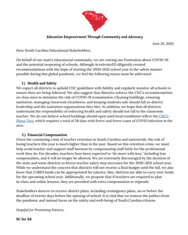 From the Board of SC for Ed regarding the recent Accelerate Ed recommendations. We hope those who share these concerns will use their voice.