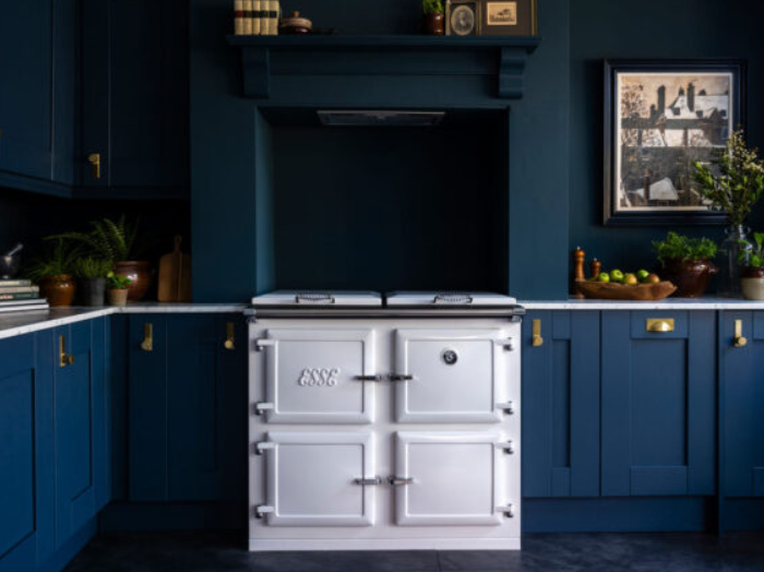 blue kitchen with white range cooker