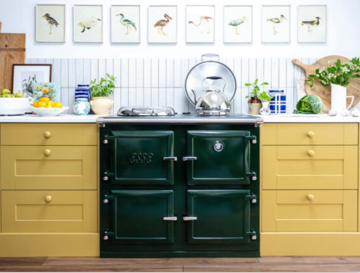 Mustard kitchen with classic green range cooker
