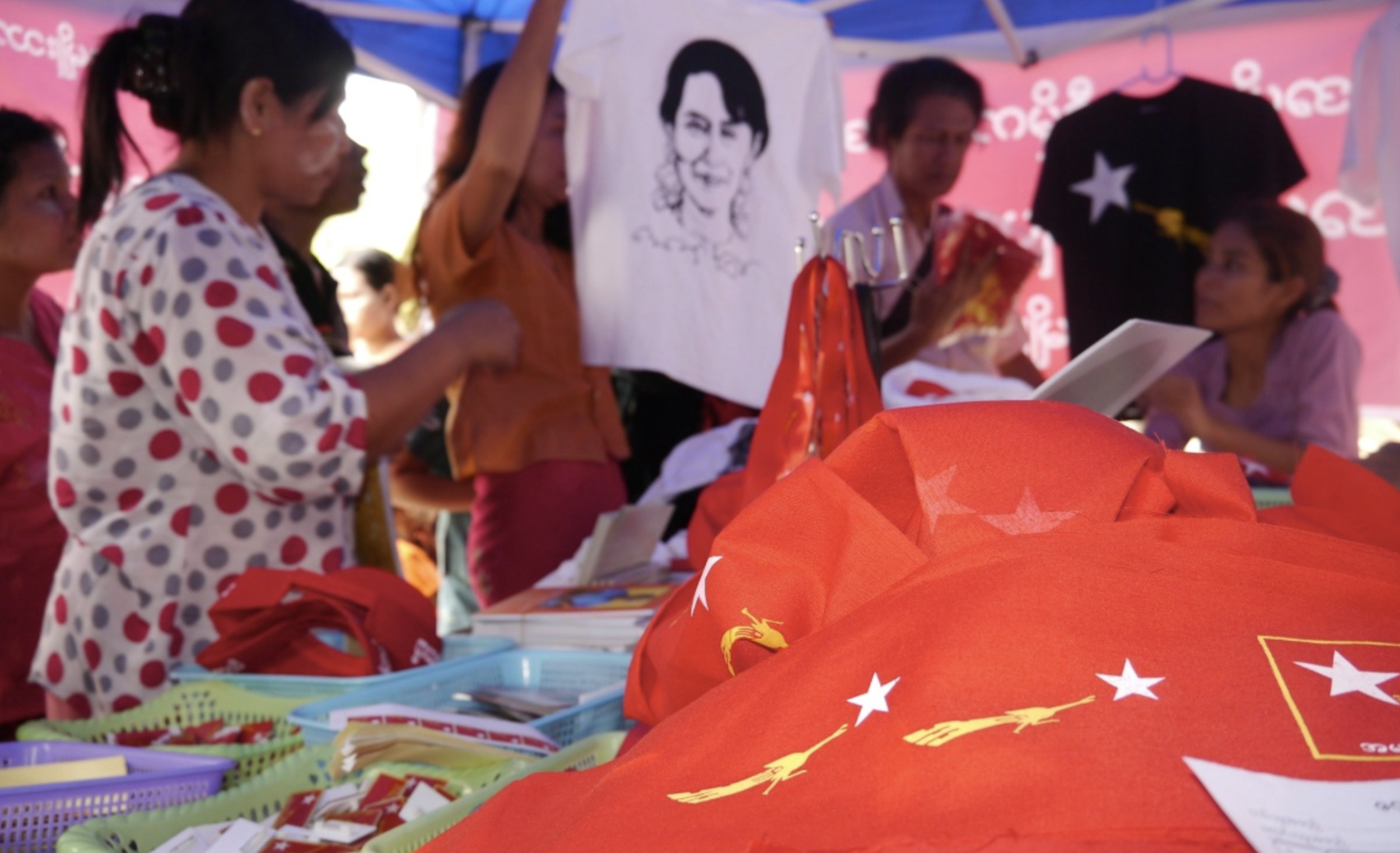  Suu Kyi’s return to political prominence has sparked a booming t-shirt trade. This shop in particular, located adjacent to the NLD party headquarters, is constantly thronged by locals and tourists alike, all looking to take a bit of Aung San Suu Kyi