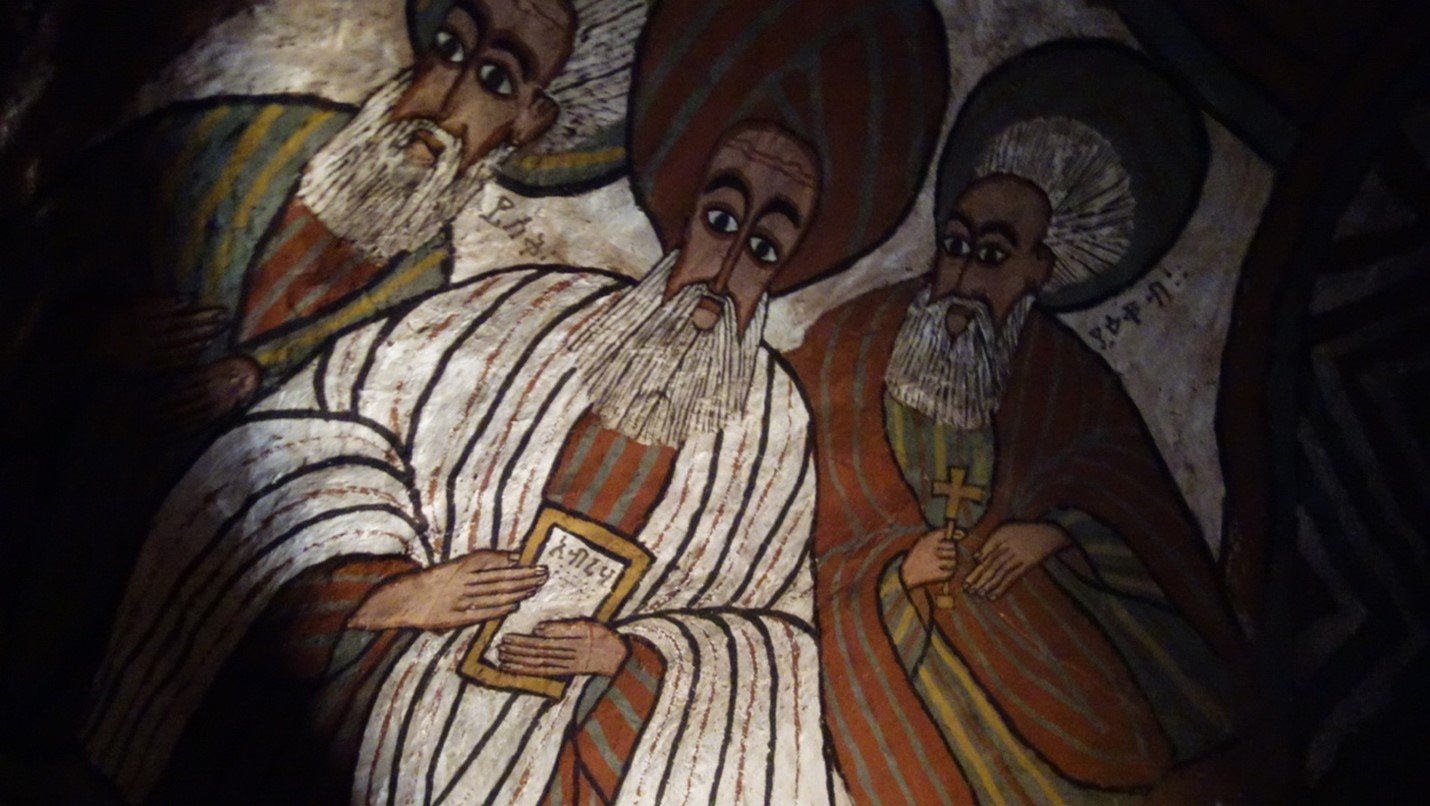  Interior ceiling fresco of biblical figures Abraham, Isaac and Jacob in Abuna Yemata Guh. 