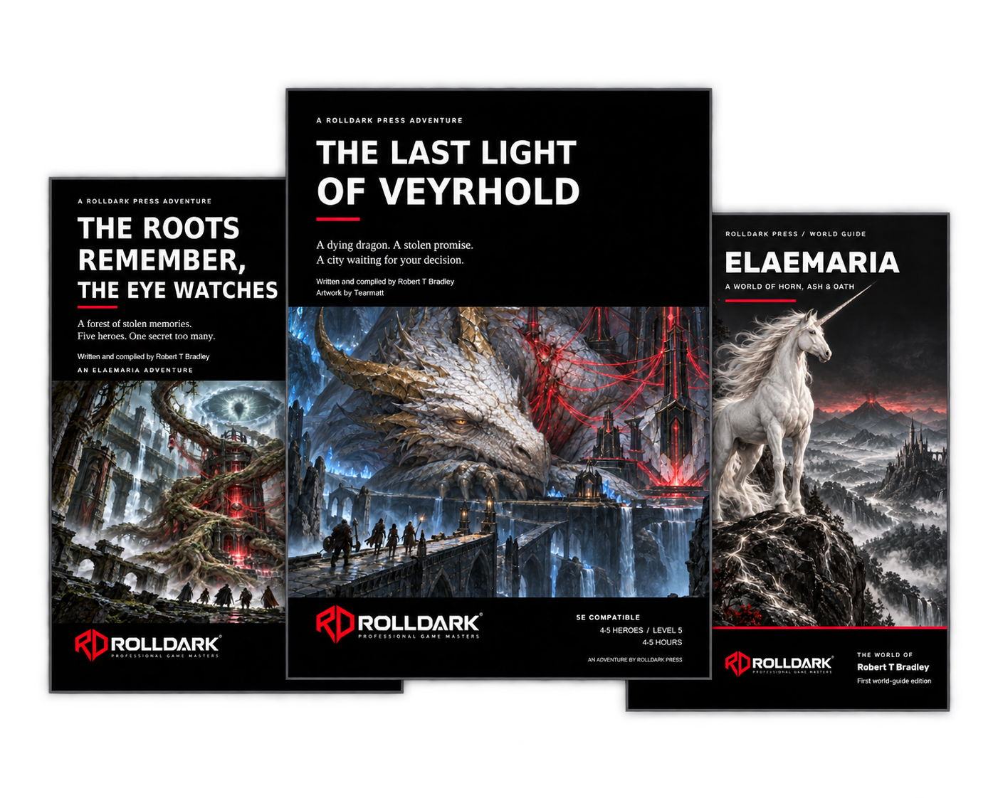 three rolldark press books overlapping each other.