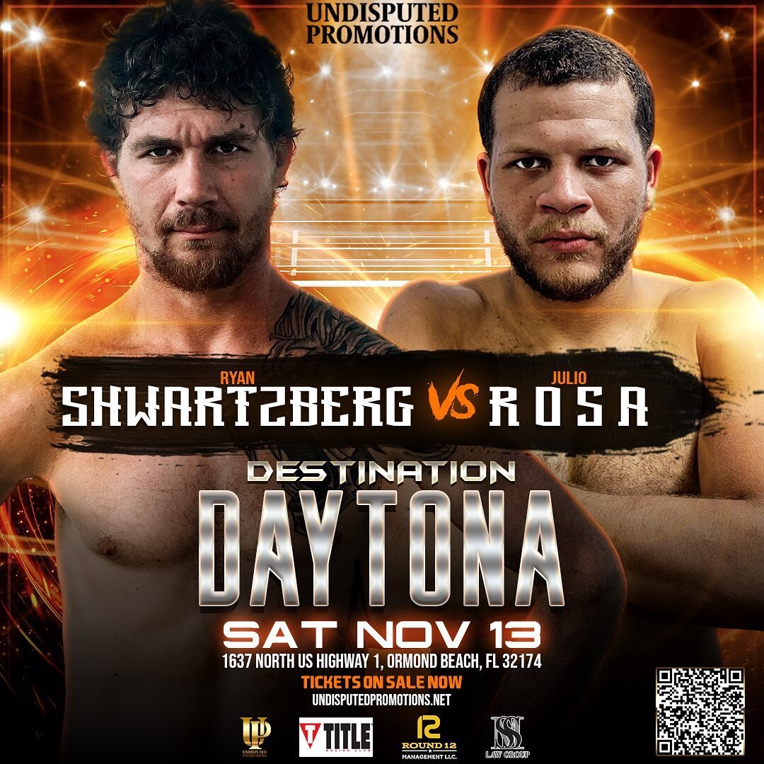 SATURDAY NOV 13 JULIO ROSA FACES RYAN SHWARTZBERG LIVE IN DAYTONA BEACH!!! 
💥 
Julio faces Swartzberg who pulled off a upset victory against an undefeated fighter in his last fight. This fight will definitely test the heart and toughness of Rosa. 
?