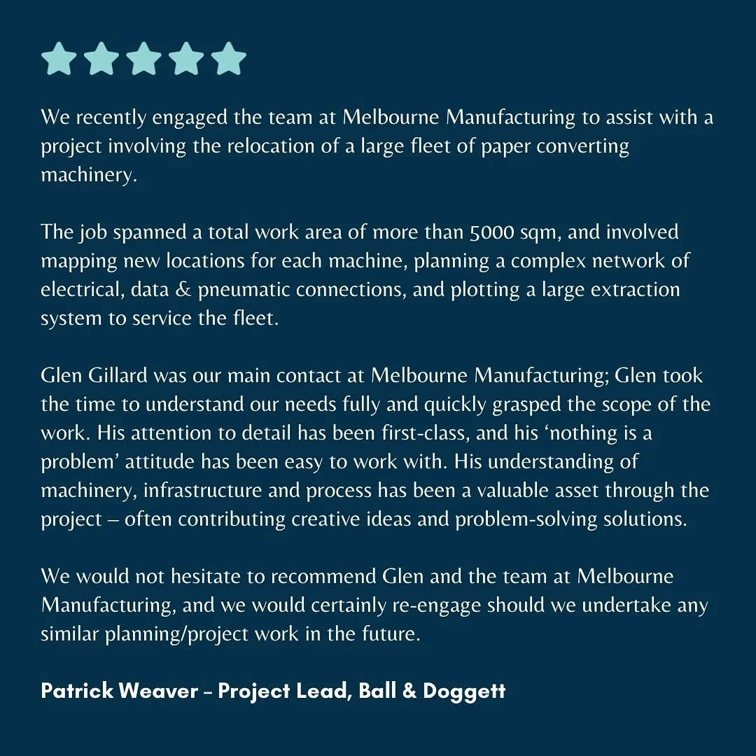 Another happy customer and another glowing review ✅ 

Here at Melbourne Manufacturing we help with projects every step of the way, ensuring a precise final result ⚙️

Spots filling up for October, reach out today for an obligation-free quote and head