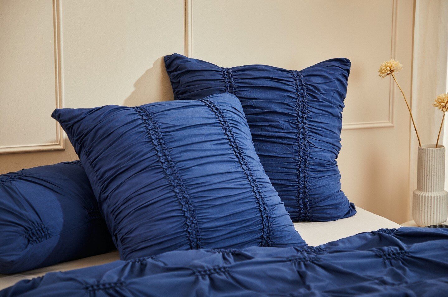 Arran Indigo features an eye-catching gathering of fabric and embroidery to create a lavish finish ✨ ⁠
⁠
Contrast Arran with pale blue accessories for a vibrant winter-inspired bedroom refresh. ⁠
⁠
#arranindigo #platinumcollection