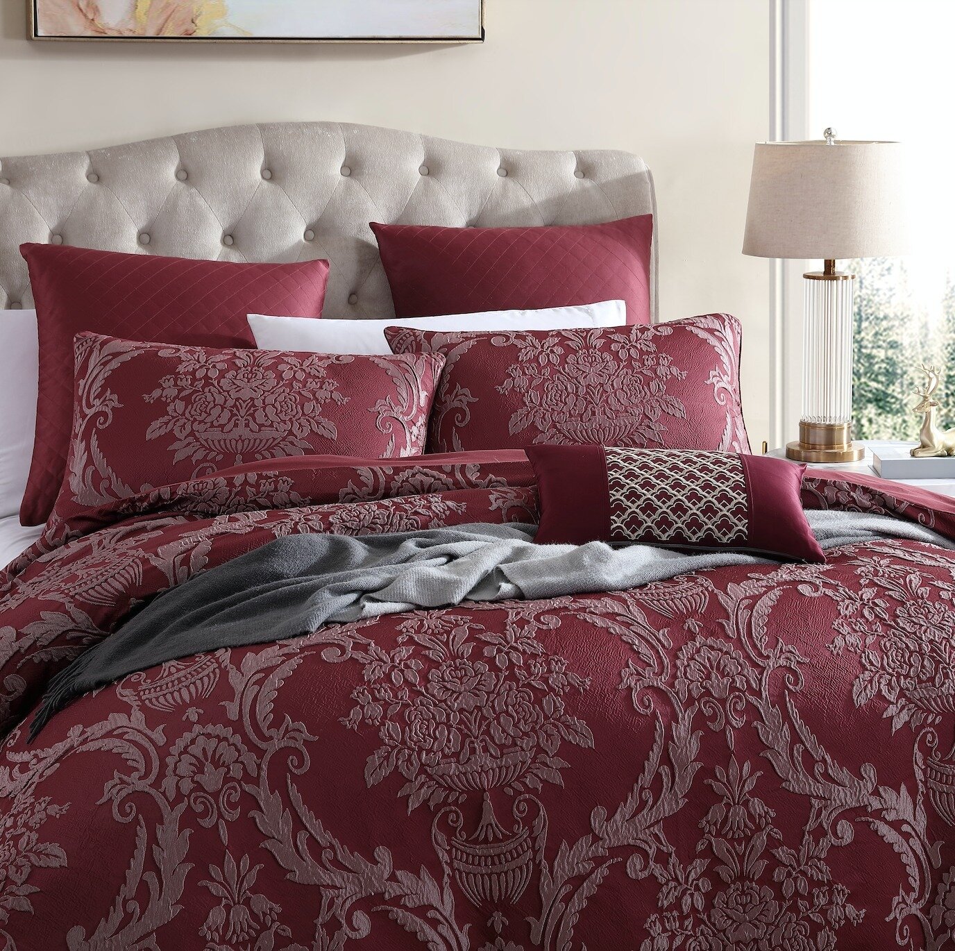 Traditional Italian styling has inspired Lisbon Cabernet's ornately detailed floral damask. ⁠
⁠
Pair Lisbon with its matching European pillowcases and decorative cushion to dial up the drama. ⁠
⁠
How would you style Lisbon? ⁠
⁠
#lisbon #spotlight