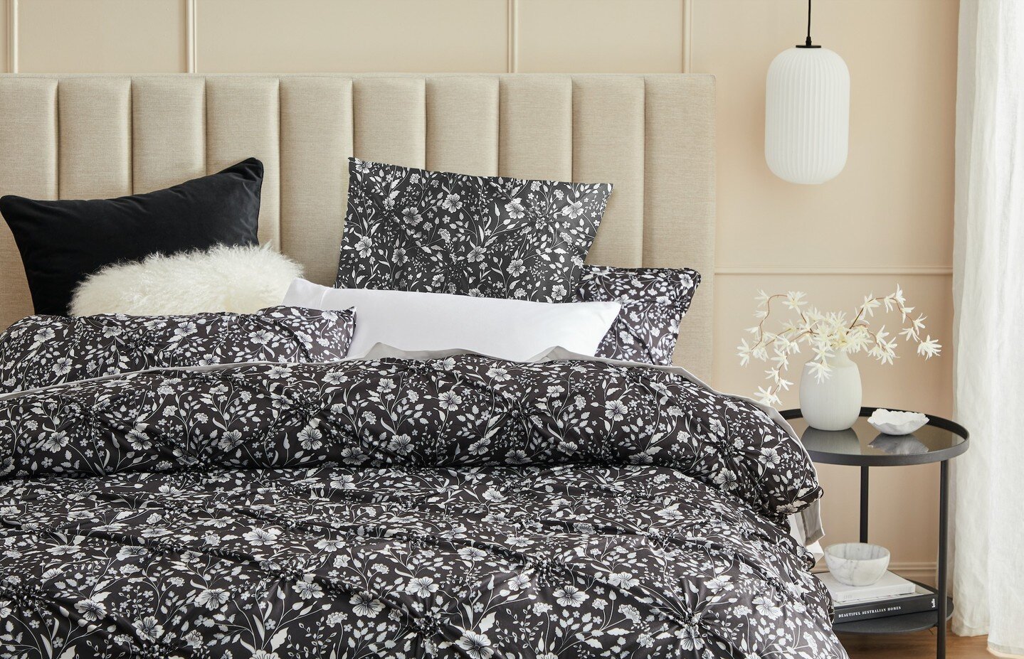 Leisel Black was designed to be the centre of attention with its soft, captivating arrangement of monochromatic blooms ruched together to create a textural wonderland.⁠
⁠
Style Leisel with light contrasting cushions for a trendy finish.⁠
⁠
 #leiselbl