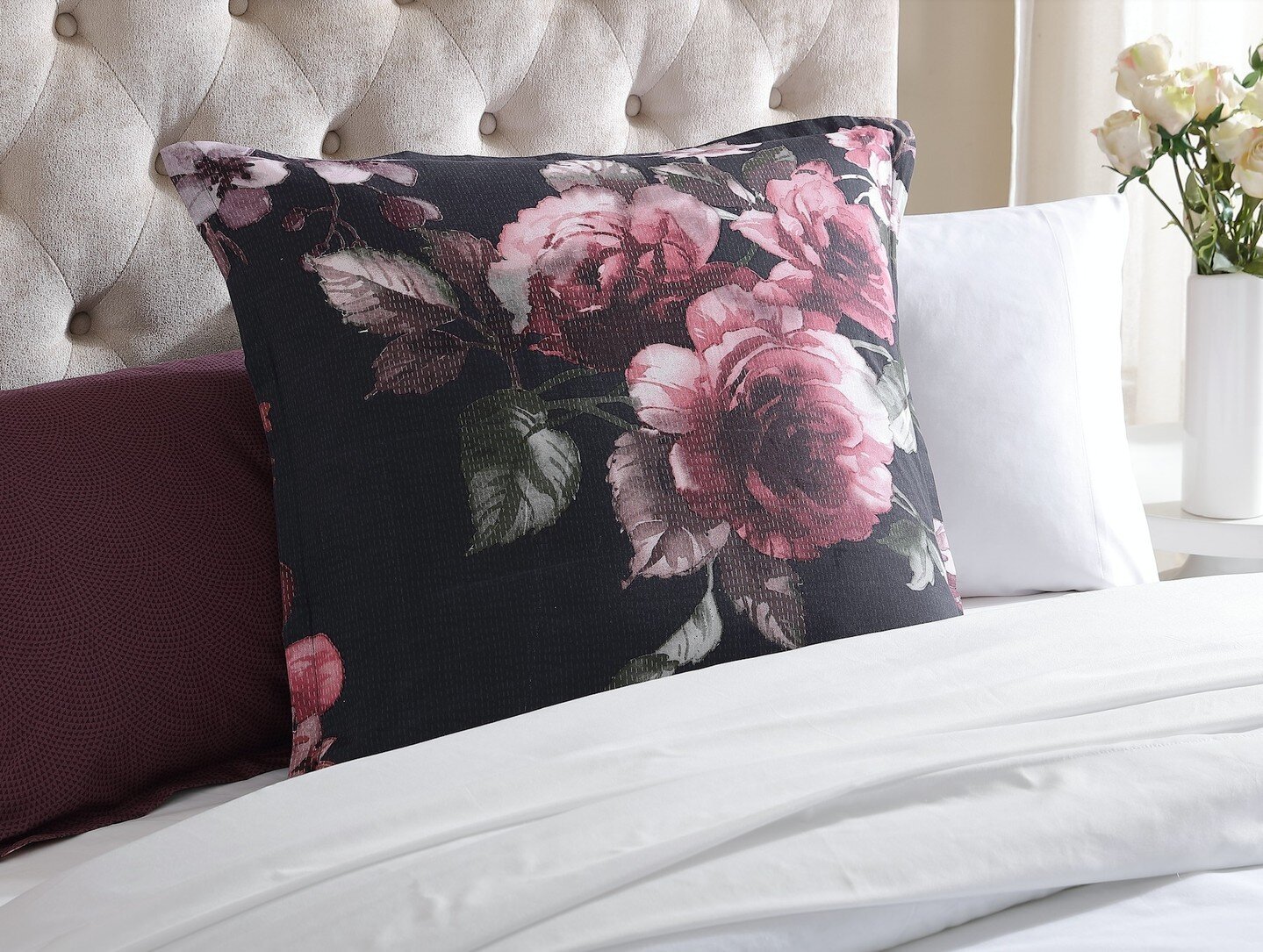 Inspired by Indian kanthan quilts, Ari navy uses styled watercolour flowers in tonal plum floral colours to create a uniquely warm and inviting bedroom look. ⁠
⁠
We love pairing Ari's pillowcases with plain quilt covers to create a striking contrast 