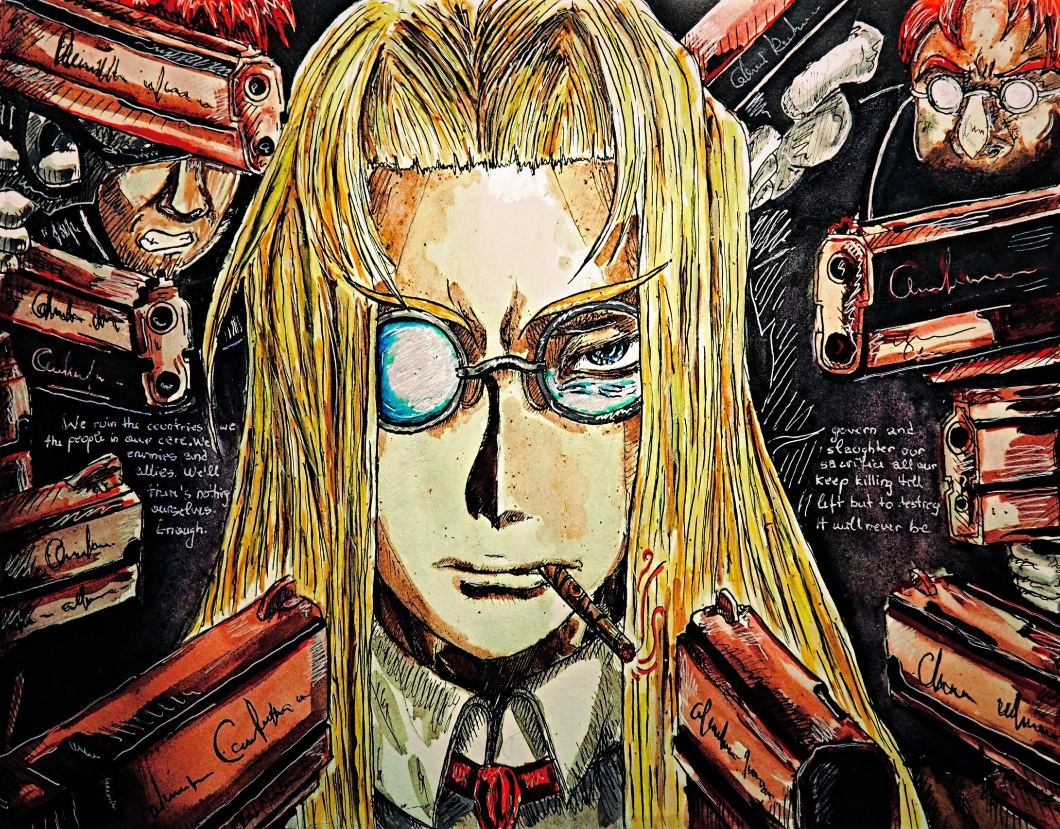 Integra from Hellsing OVA (Watercolor, colored pens)