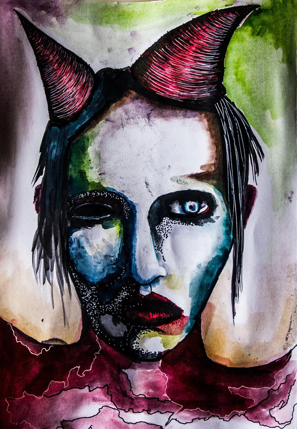 Interpretation of Marilyn Manson's Painting (watercolor & colored pens)