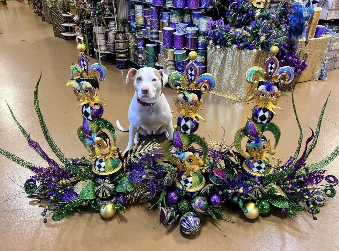 Mardi Gras jester centerpieces with fleur-de-lis and harlequin details