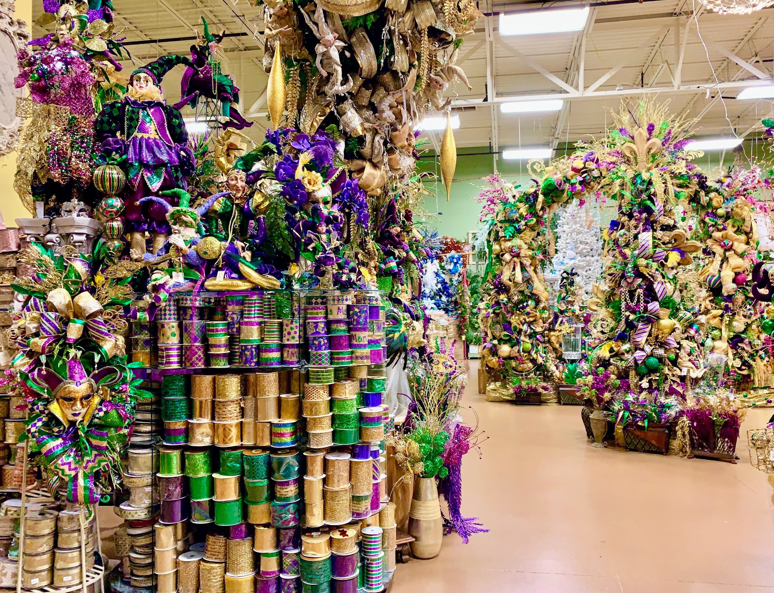 Designer Mardi Gras ribbon and deco mesh on display in the Houston showroom