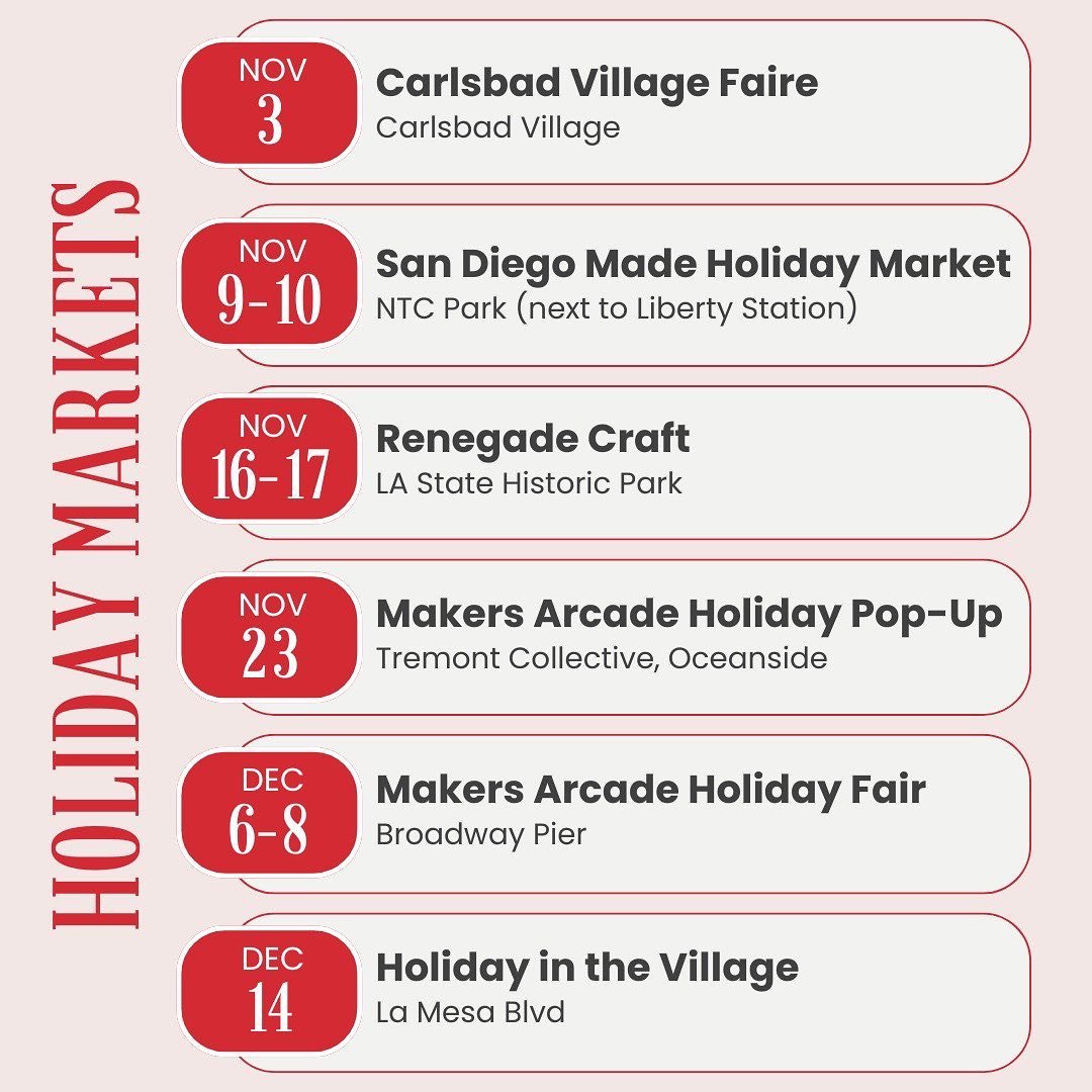 Holiday market season is here!! 🎄❄️❤️

This is my favorite time of year and I&rsquo;m so excited to be a part of all these markets! If you&rsquo;re local, I&rsquo;d love for you to stop by and say hi. 🤗 I&rsquo;ll have my new holiday collection wit