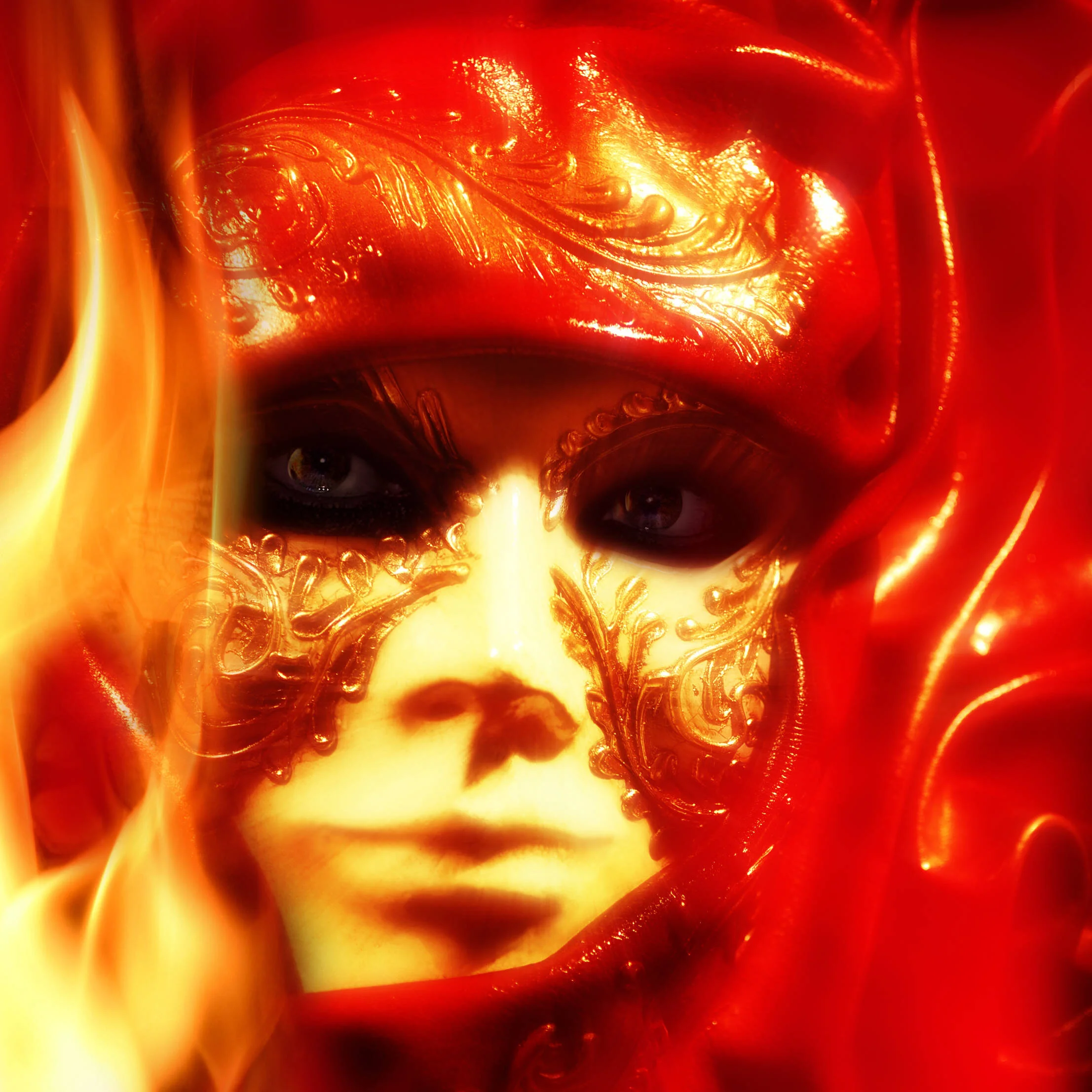venetian mask on fire
