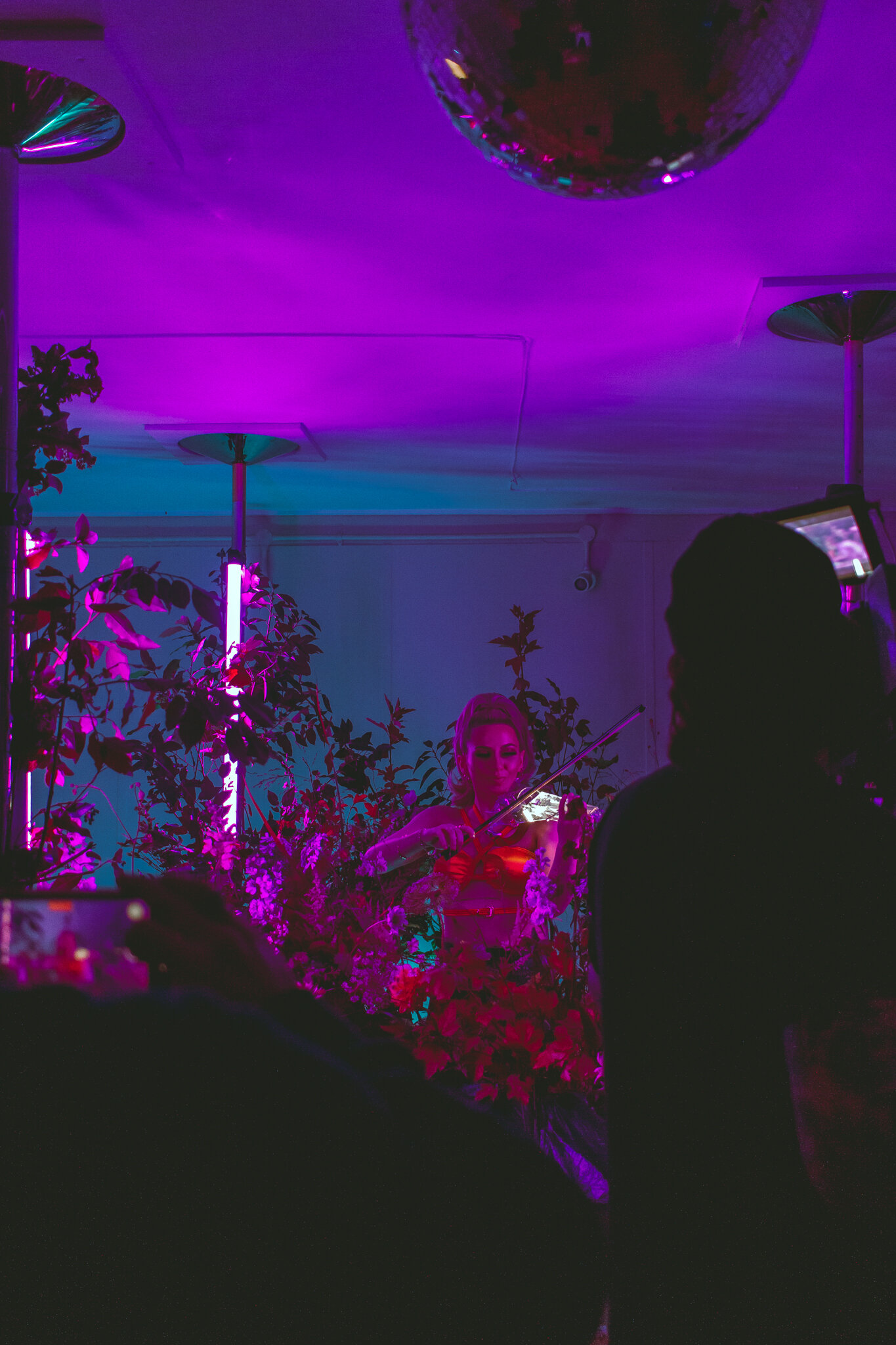 A woman playing a violin amidst pink and purple flowers, illuminated by colorful neon lights, with an audience capturing the moment on their phones, in a dimly lit room with purple and blue lighting.