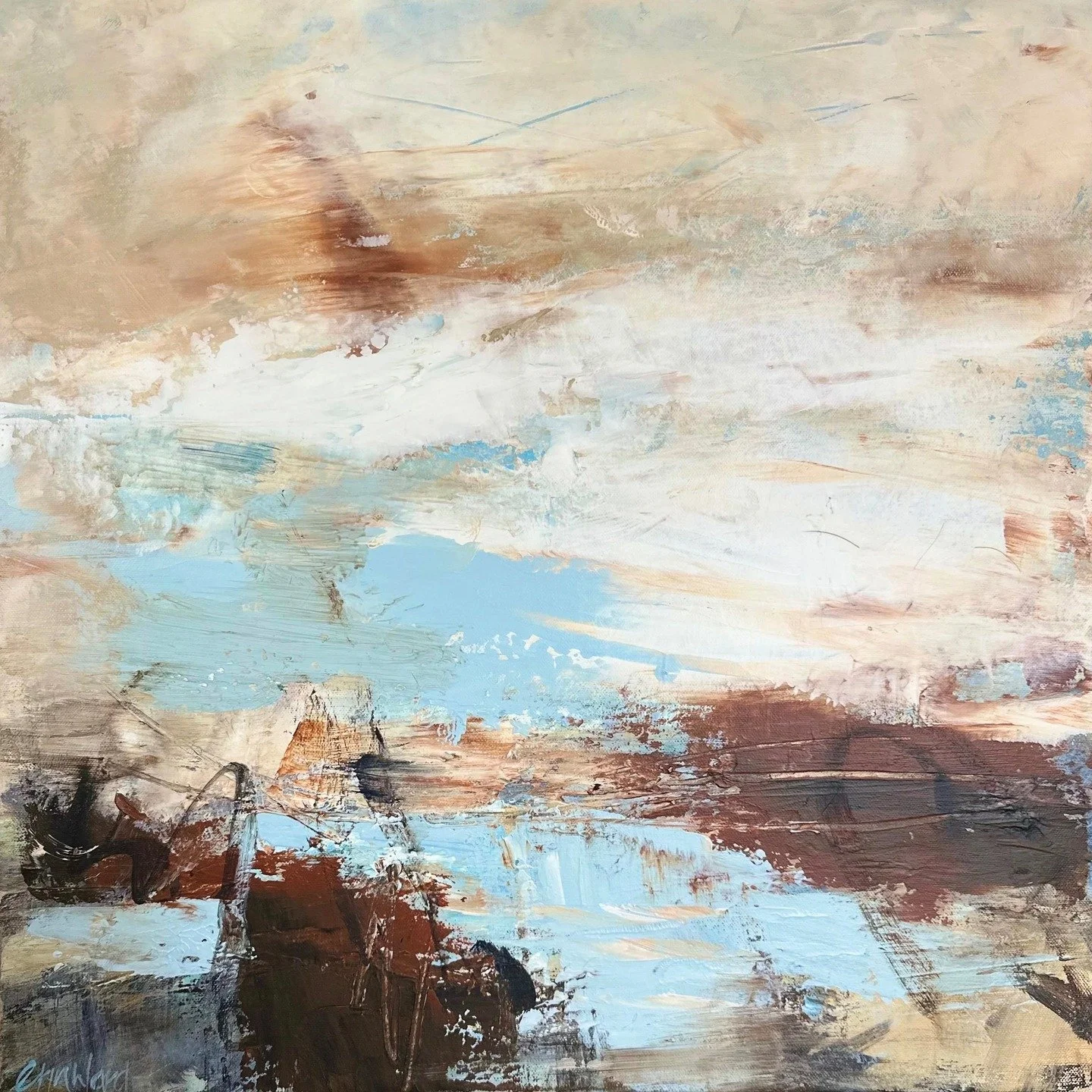 'Autumn River ' 60 &times; 60 cm
Currently exhibited at the Richard Grafton Interiors showroom as part of their Spring Event, 'Autumn River' is a striking original that embodies both sophistication and atmosphere.

Richly layered and visually compell