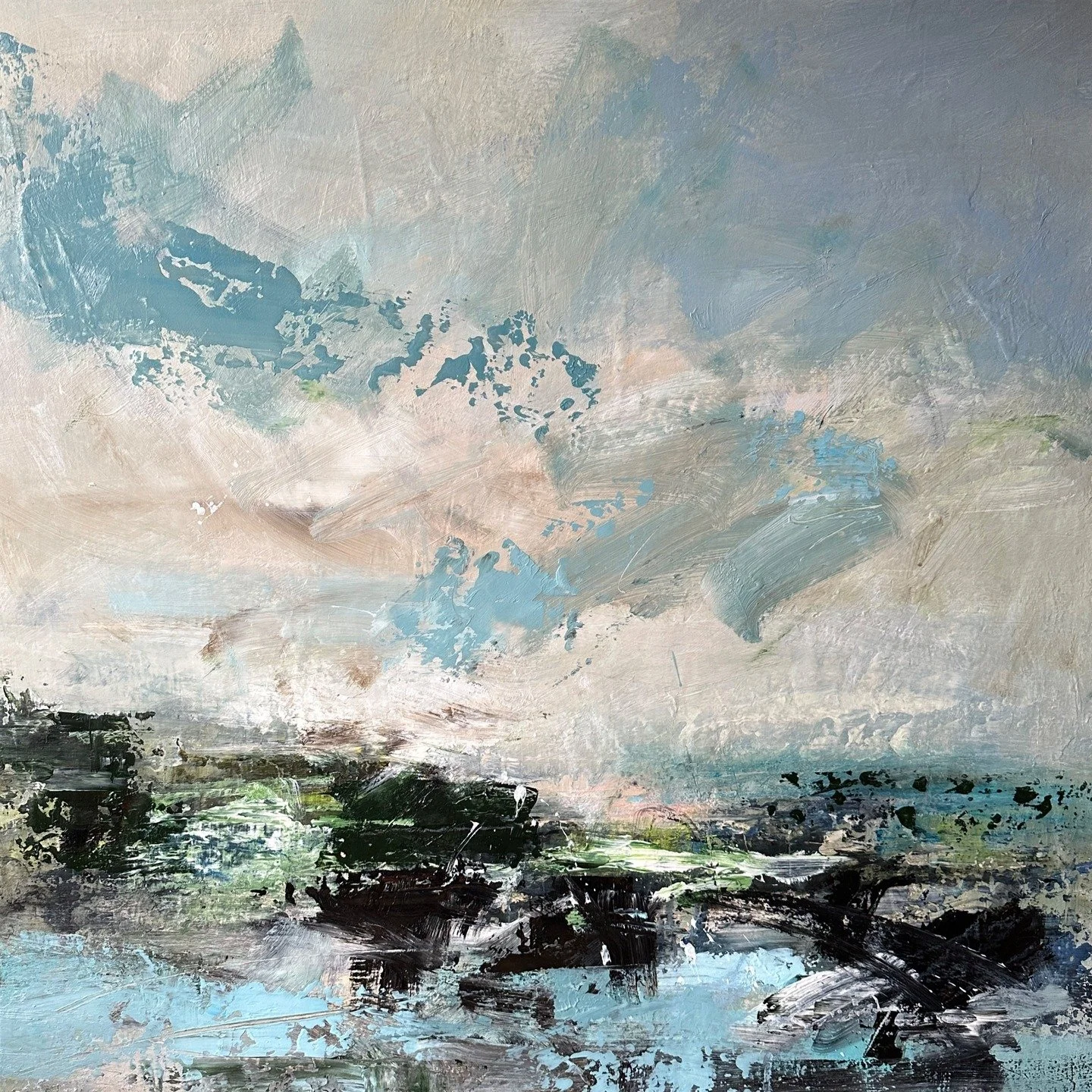 In The Studio : Where Land Meets Sea
76x76cm

I&rsquo;ve always been fascinated with beaches, estuaries, marshes, rock cliffs, riverbanks, and ponds; places where water and land meet. Where colours are reflected. Where energies collide.

This new pie