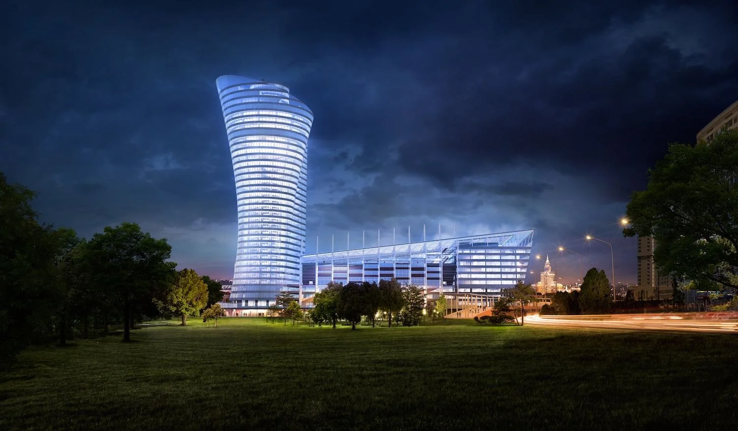 Football stadium with high rise building 3D rendering (night view)