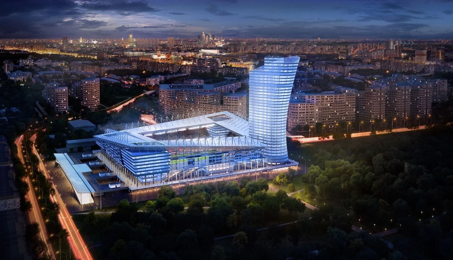 Football arena in Moscow 3D visualization (night city view) - 3ds Max, V-Ray