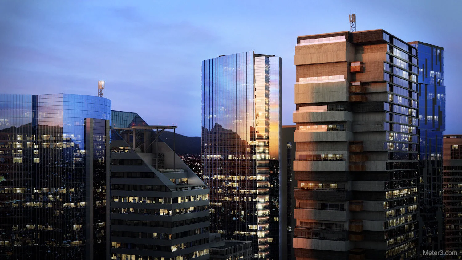 Skyscraper at dusk 3D rendering (3ds Max, V-Ray)
