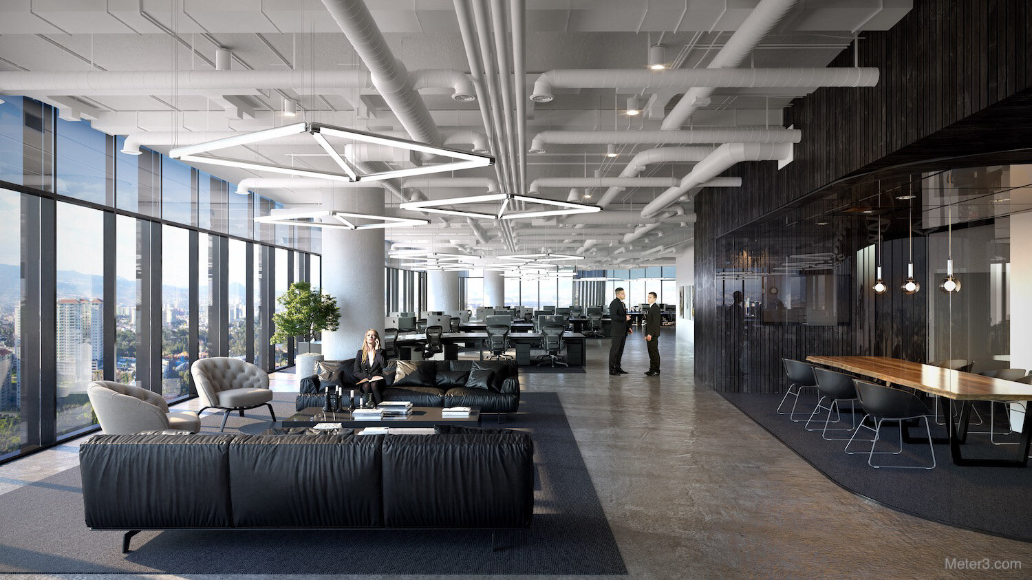 Office space interior 3D rendering with panoramic view