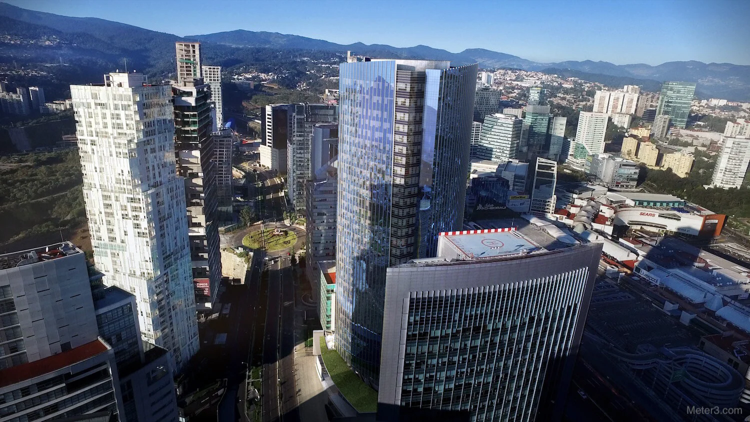 Aerial skyscraper 3D render (3ds Max, V-Ray) – Santa Fe business district