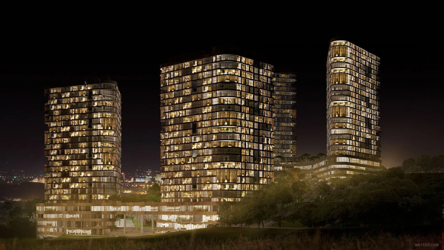 Eye level night render of residential block (with lights on)