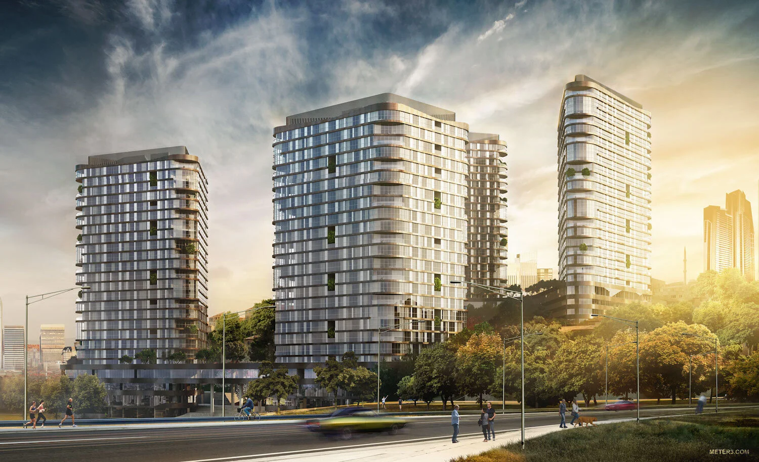 Residential block with high rise towers (evening 3D visualization)