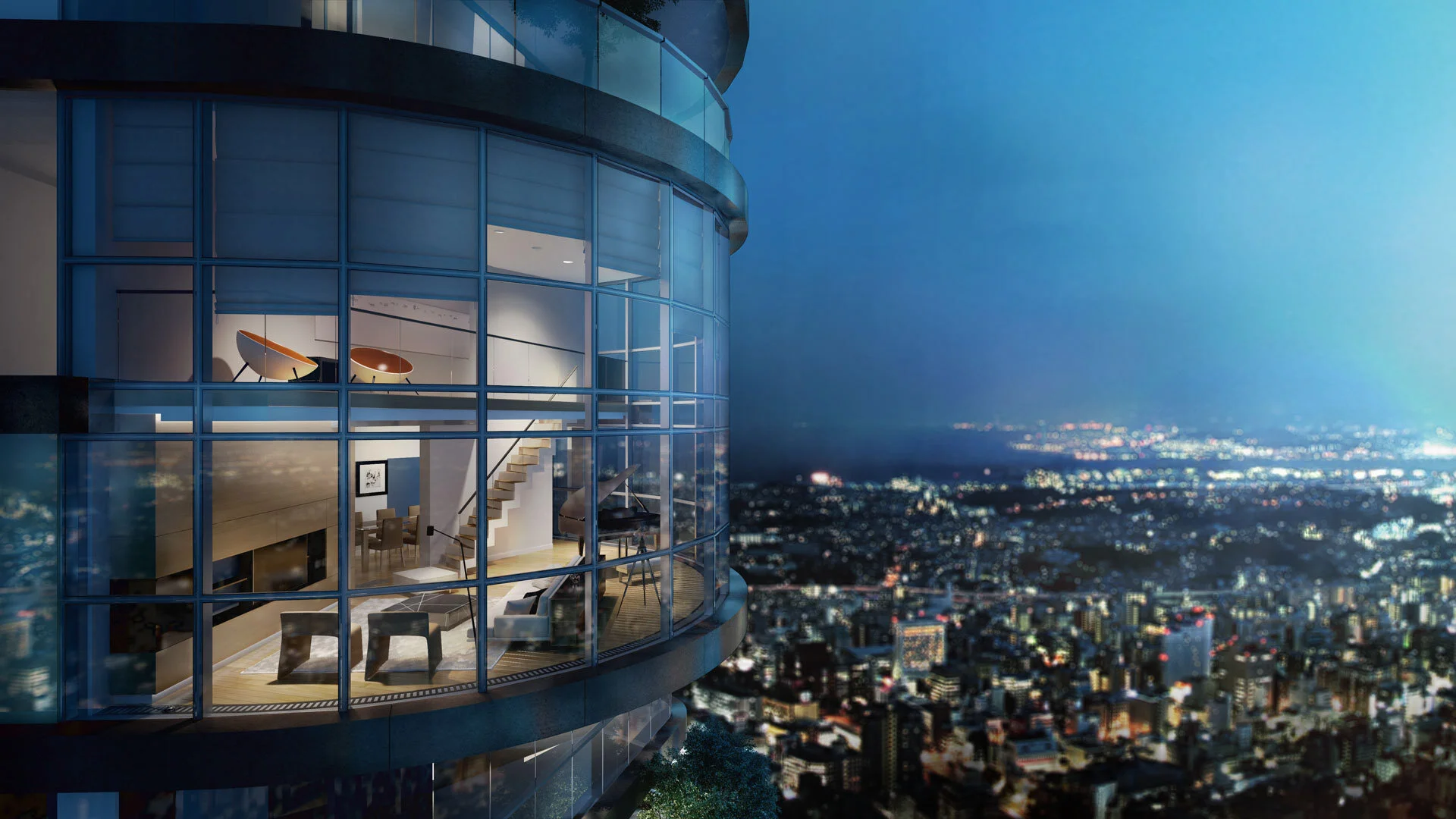 Glass facade and night city 3D visualization (3ds Max)