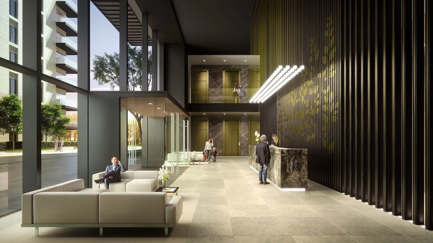 Residential lobby with elevators, reception and lounge zone