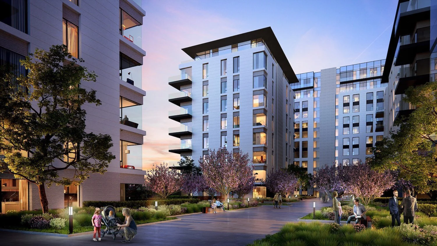 Courtyard 3D visualization with dusk lighting