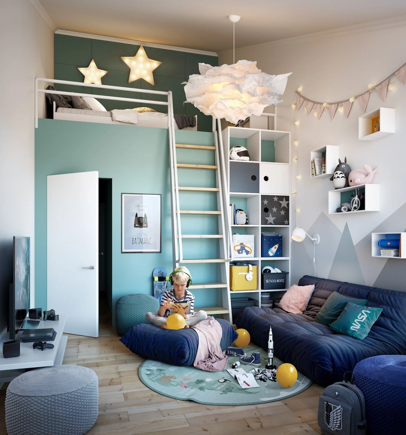 Children's room (kids room) interior 3D rendering with mezzanine