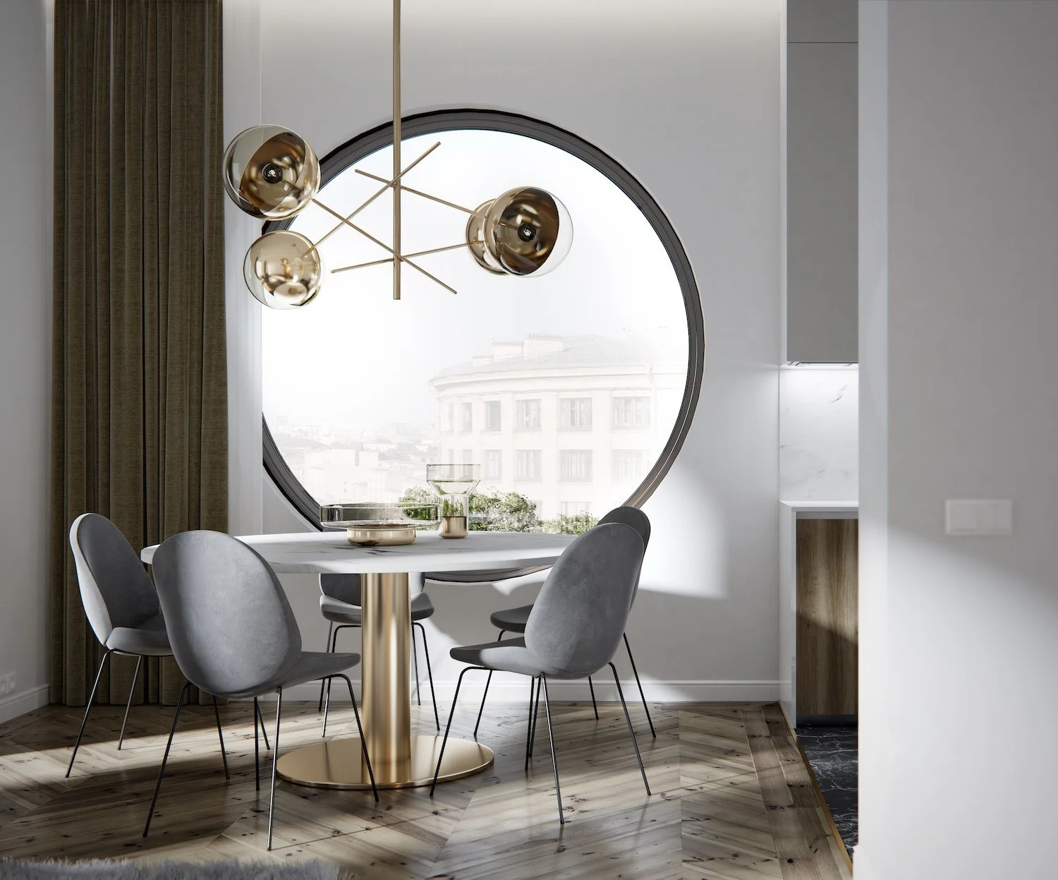 Interior design 3D rendering with big round window (kitchen)