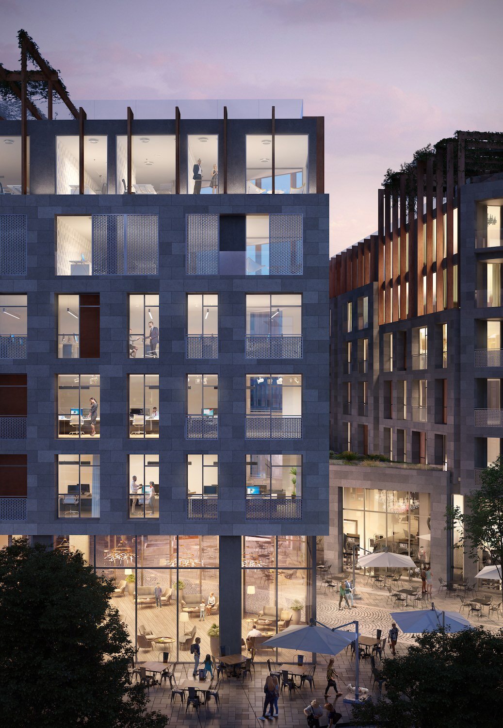 Architectural 3D render - Exterior facade view at night with interiors