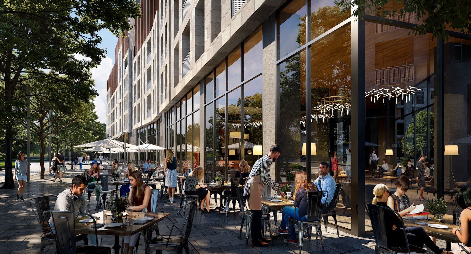 Outdoor cafe 3D render with people sitting