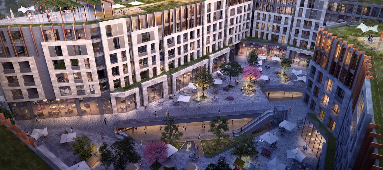 Residential courtyard at dusk - Architectural 3D visualization