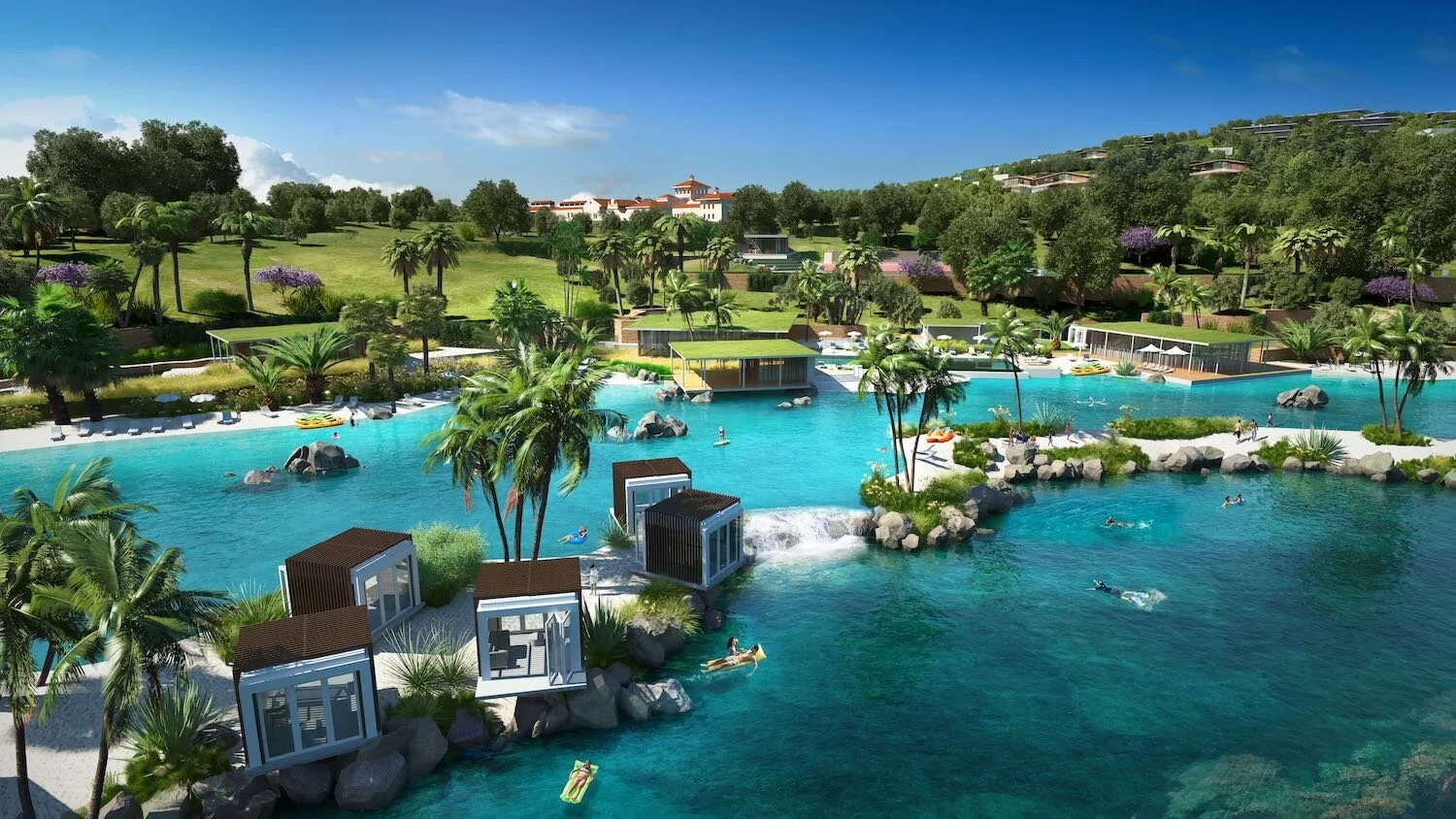 Architectural landscaping – lagoon with cabins and palm trees