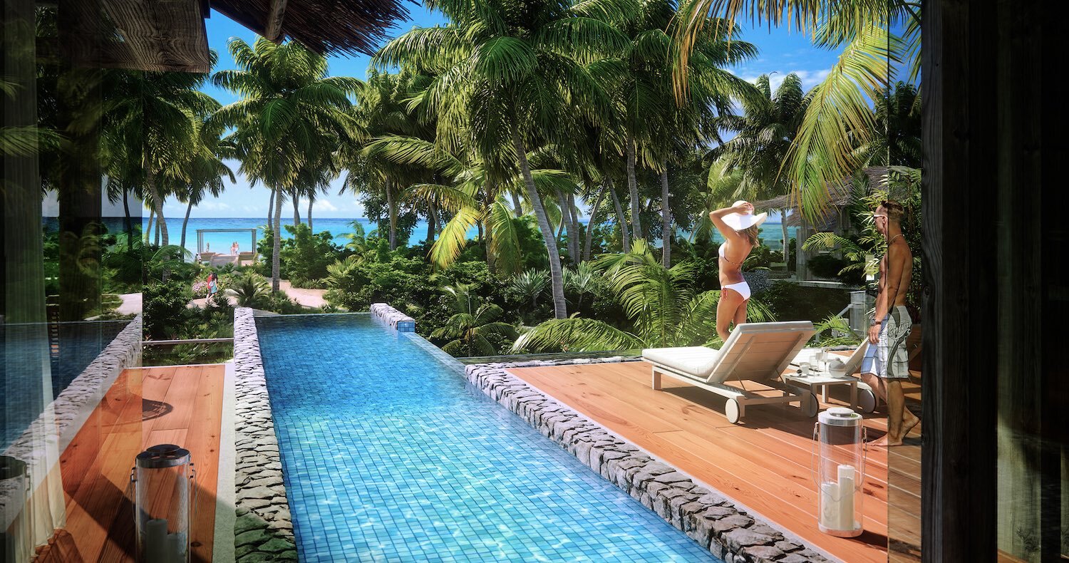 Villa in palm trees with a pool and ocean view - CG rendering