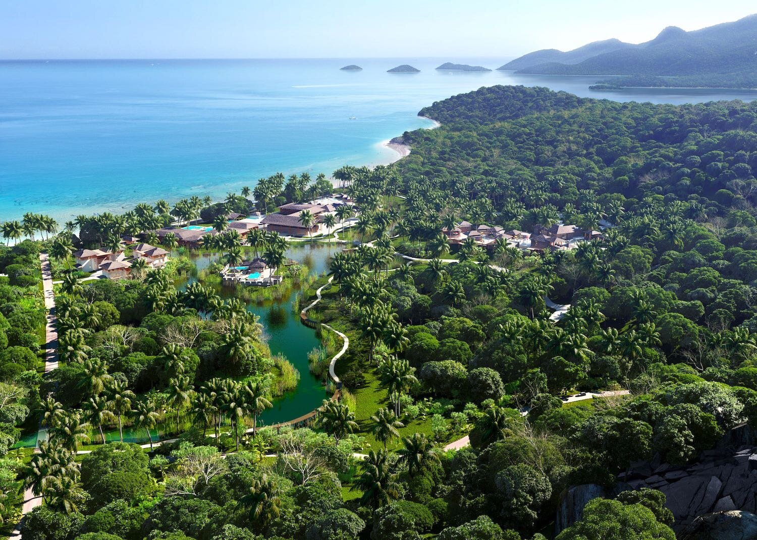 Resort on a tropical island – Aerial 3D rendering