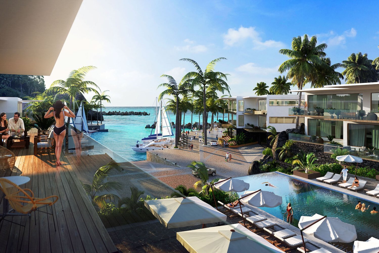 Villas in a tropical lagoon with palms – 3D render