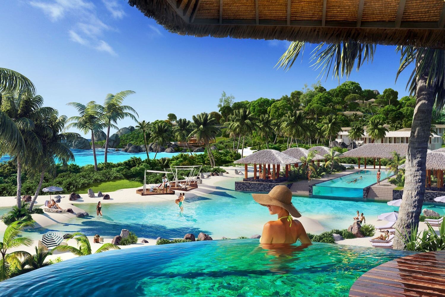 View from an open pool onto tropical lagoon and beach – 3D visual